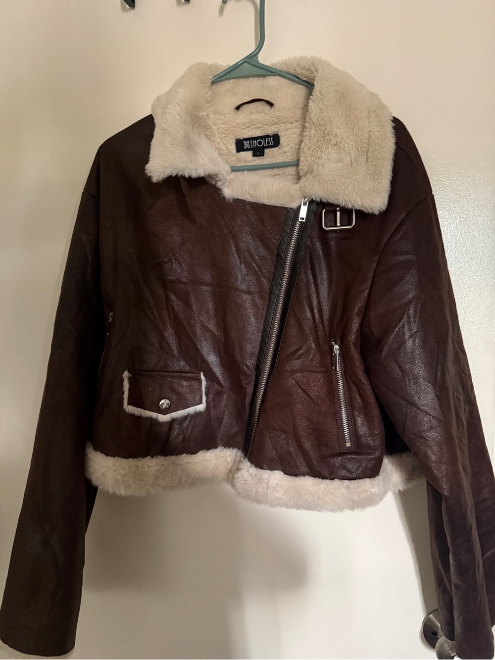 SHEIN Brown Faux Leather Aviator Jacket with Cream Shearling Trim